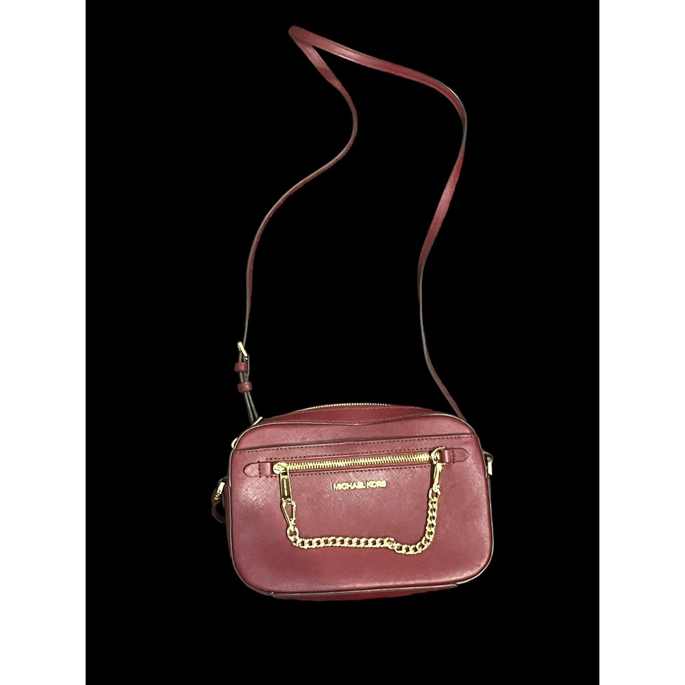 Michael Kors Jet Set East West Crossbody Burgundy Saffiano Leather Chain Gold - Picture 1 of 11